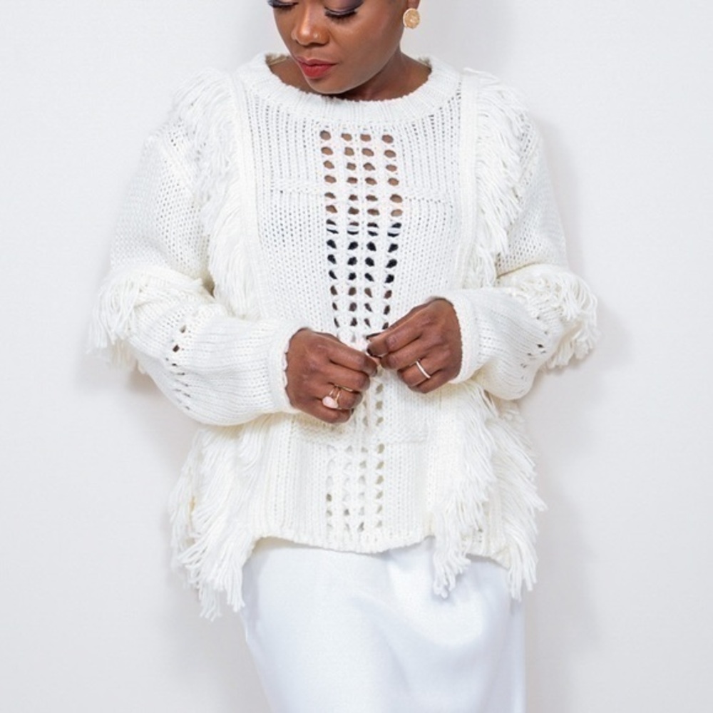 NWT Cozy Knit cream fringe sweater